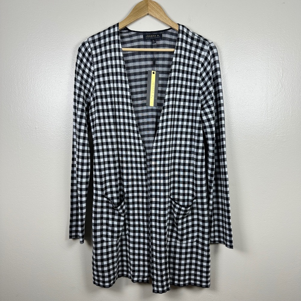 Joseph A. Women's L Cardigan Black White Gingham Open Front Long Pockets NEW